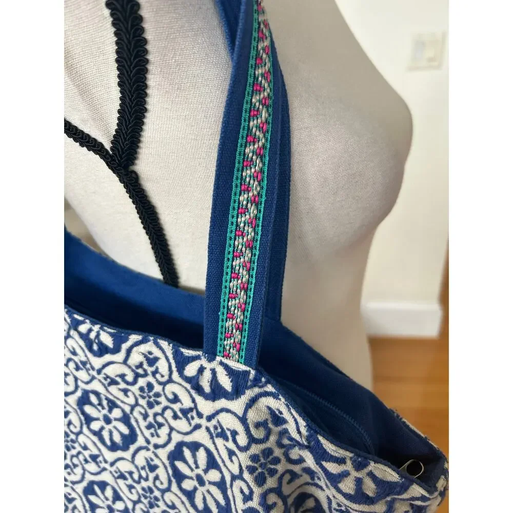Stephanie Nicole Blue White Mosaic Beaded Floral Indian Tote Bag